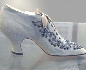 Beaded Front Lace Shoe Grey suede, steel and glass beads, circa 1915. This shoe was made by Laird, Schober & Co. of Philadelphia. Photo by Bennett W. Olmsted.